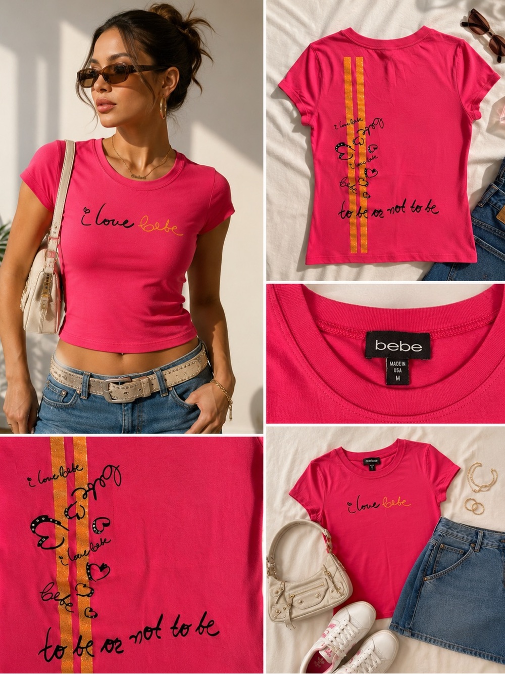 bebe Hot Pink Tee with Yellow Script & Stripe